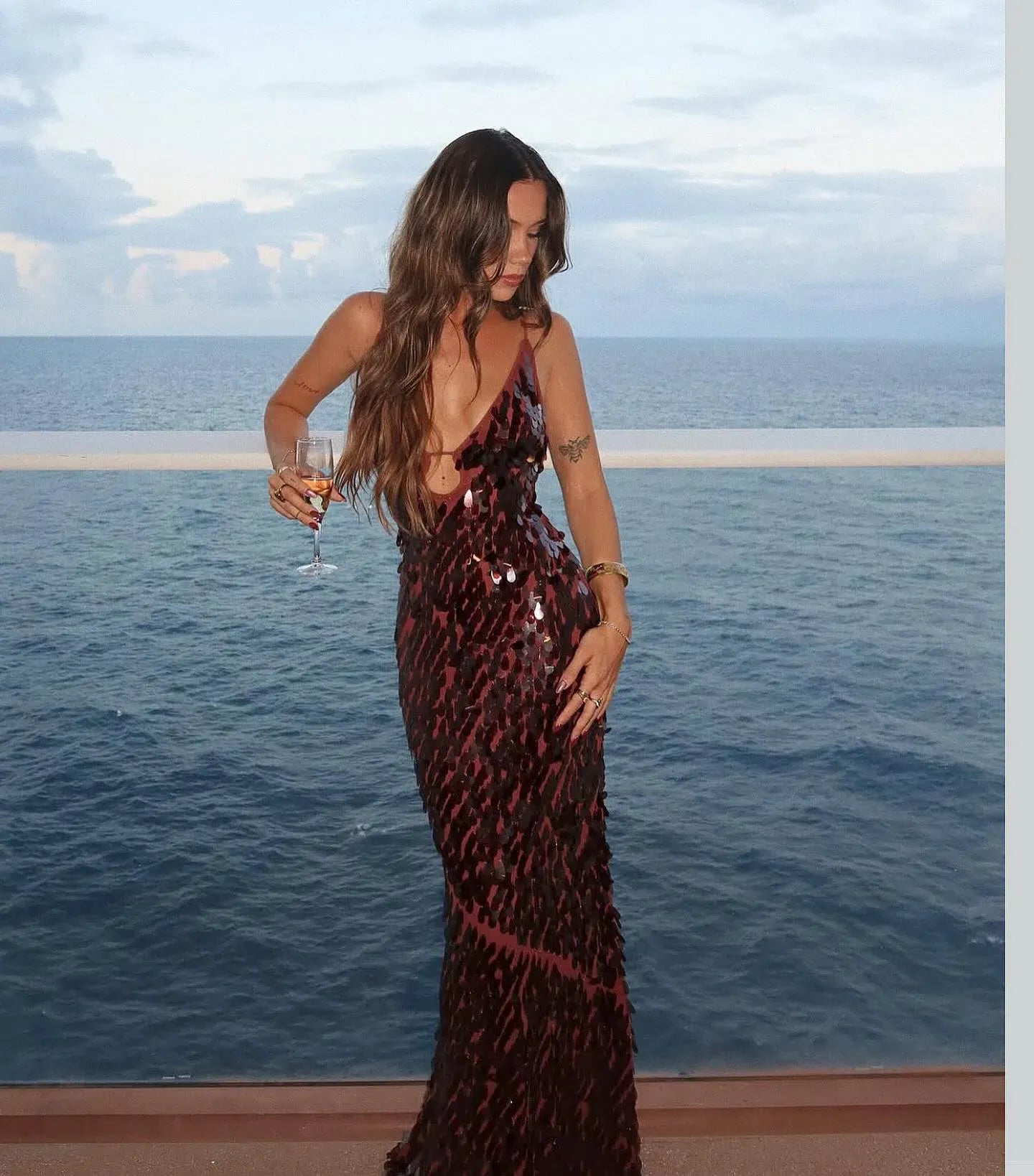 SEQUIN BROWN MAXI DRESS FOR EVENING PARTY