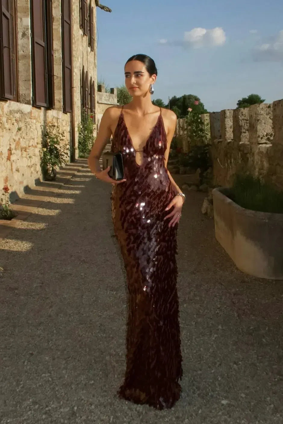 SEQUIN BROWN MAXI DRESS FOR EVENING PARTY