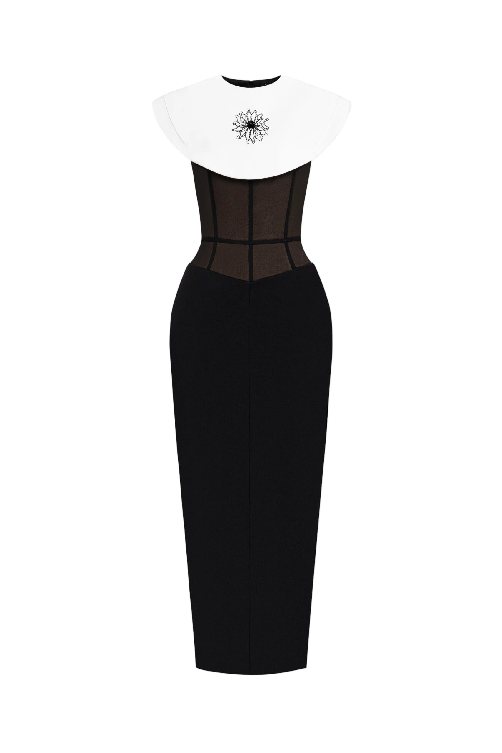 BLACK SLEEVELESS MIDI DRESS WITH WHITE CAPE