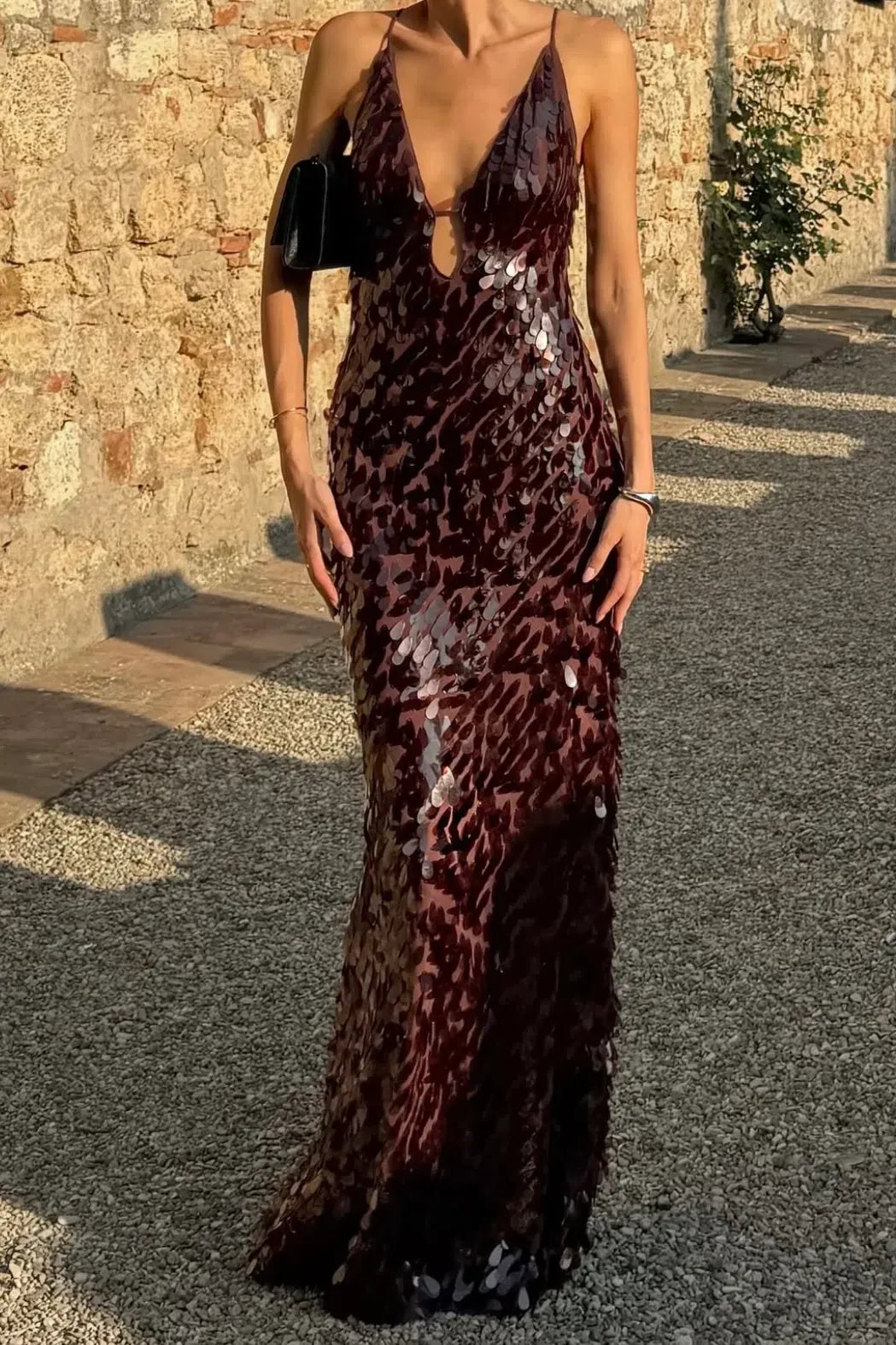 SEQUIN BROWN MAXI DRESS FOR EVENING PARTY