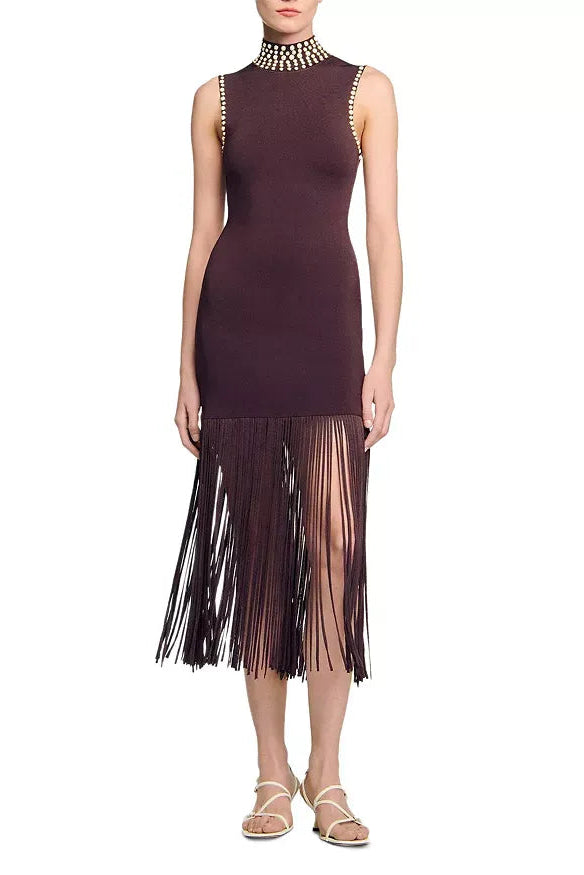 LARA BROWN FRINGE KNIT SLEEVELESS MIDI DRESS