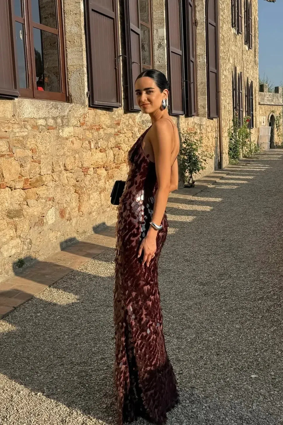 SEQUIN BROWN MAXI DRESS FOR EVENING PARTY