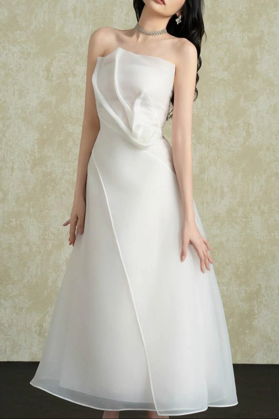STRAPLESS ORGANZA MIDI DRESS FOR WEDDING GUEST