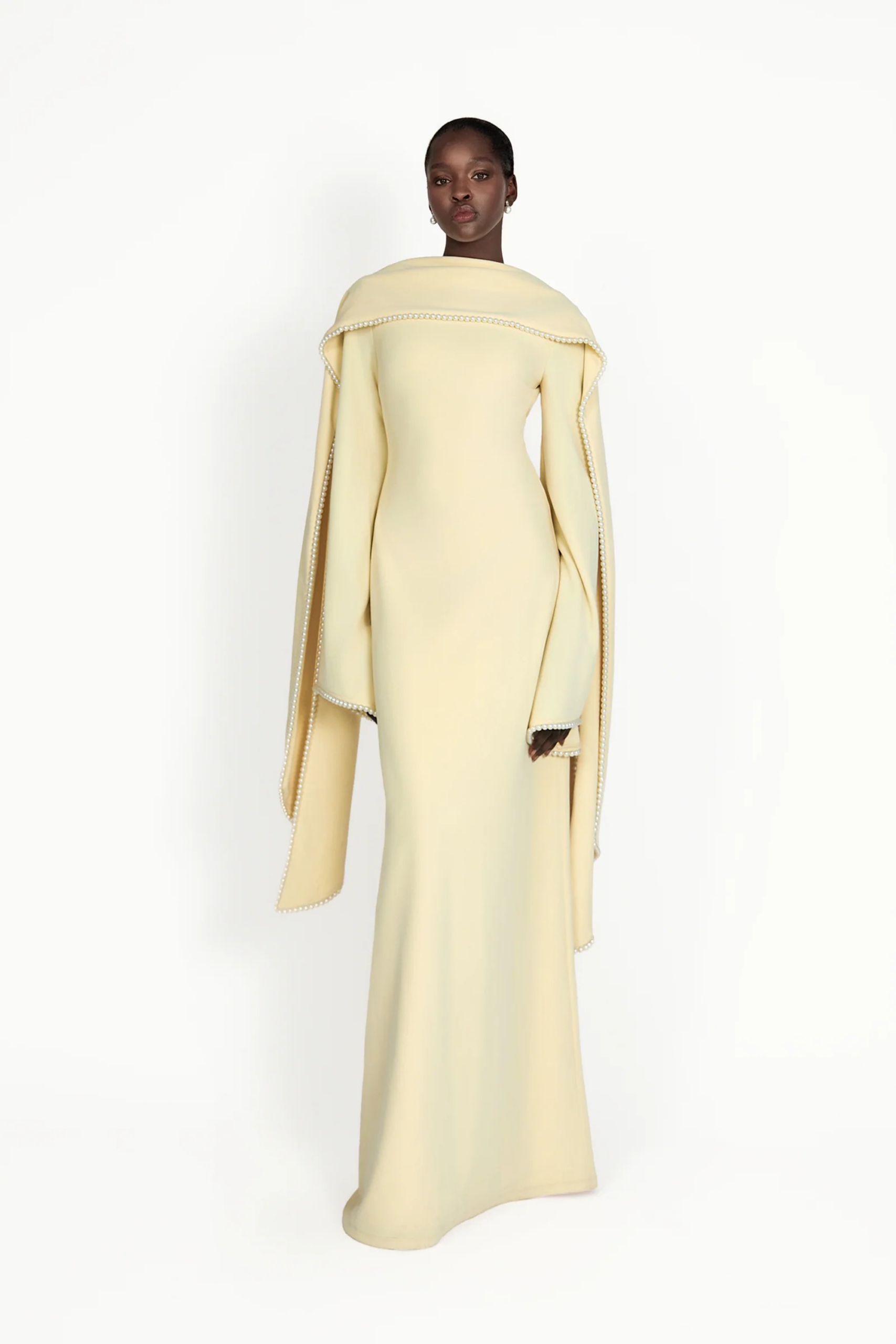 MURRAY YELLOW PEARL TRIM SHAWL MAXI DRESS