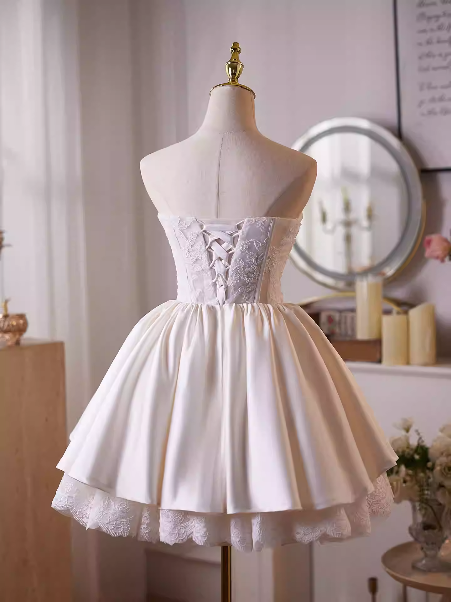 HELEN WHITE LACE SATIN STRAPLESS MINI DRESS