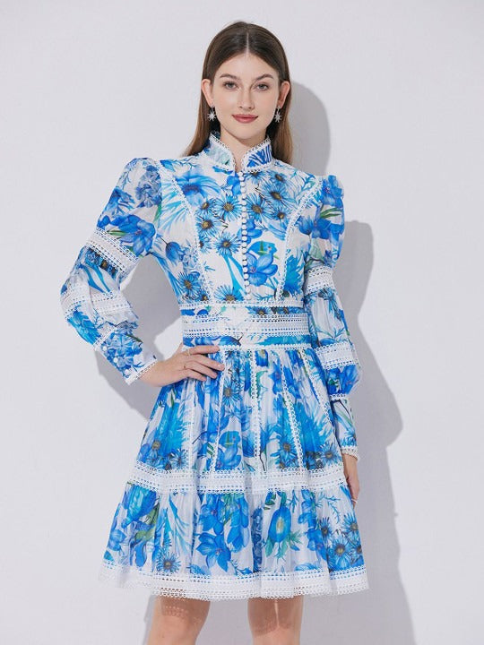 SABRINA BLUE LACE-PANEL LANTERN SLEEVE MINI DRESS