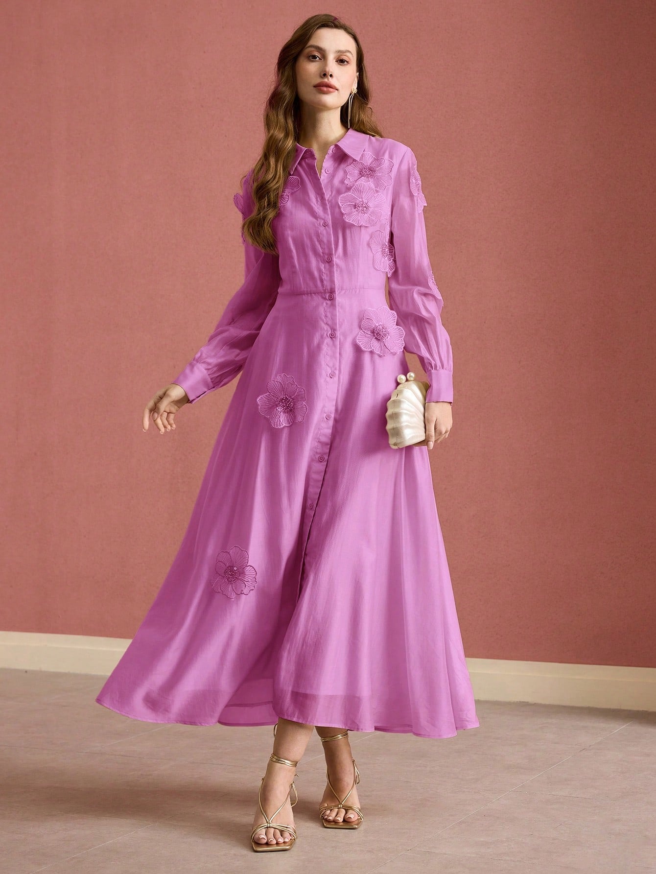 SUSANNA FLORAL APPLIQUE SHIRT MIDI DRESS PINK