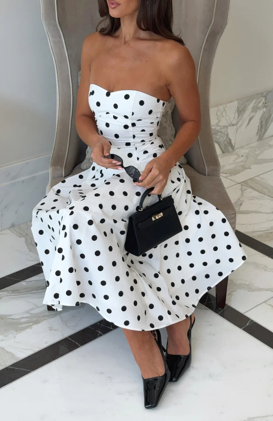 SANDRA POLKA DOT STRAPLESS MIDI WHITE SUMMER DRESS
