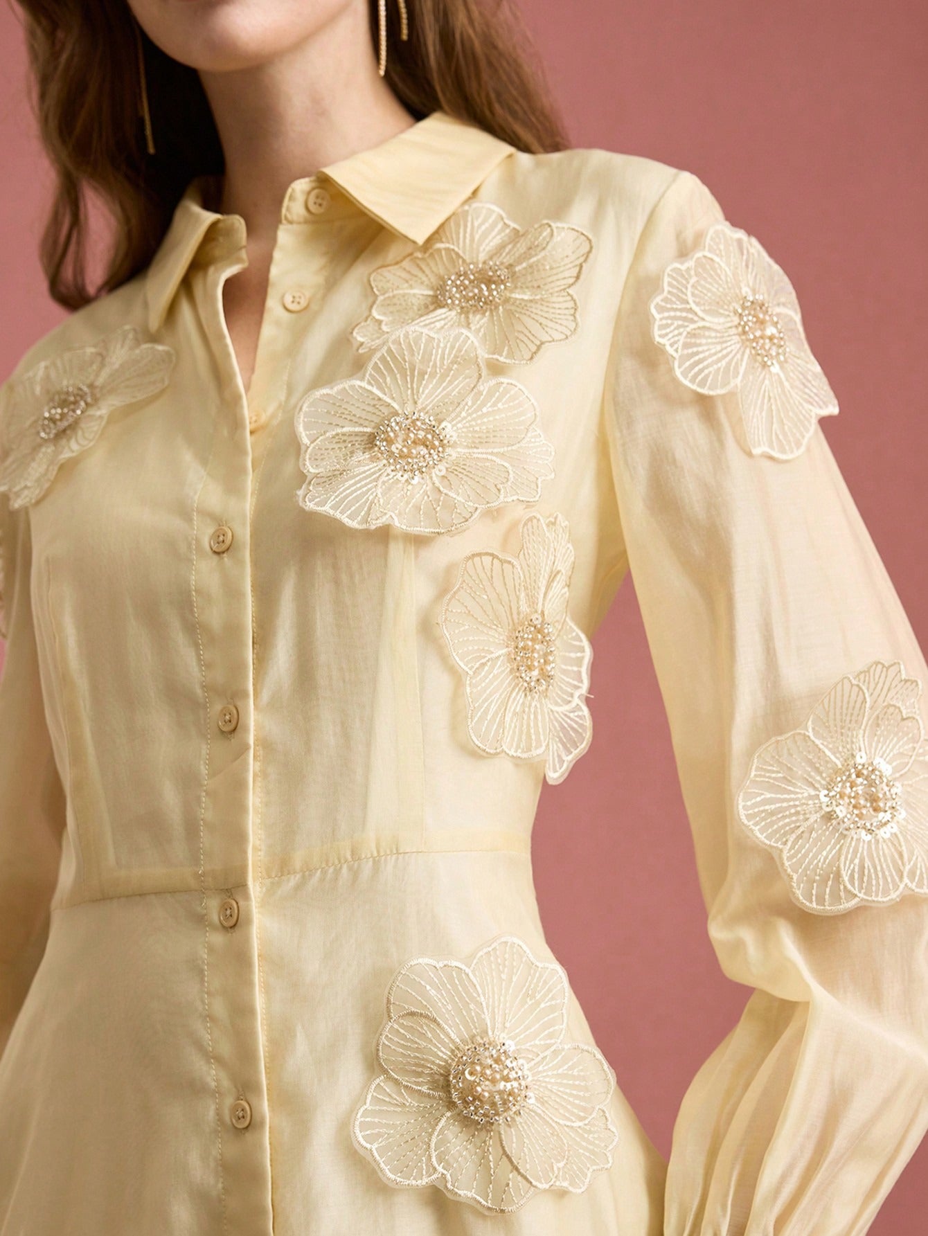 SUSANNA FLORAL APPLIQUE MIDI SHIRT DRESS YELLOW