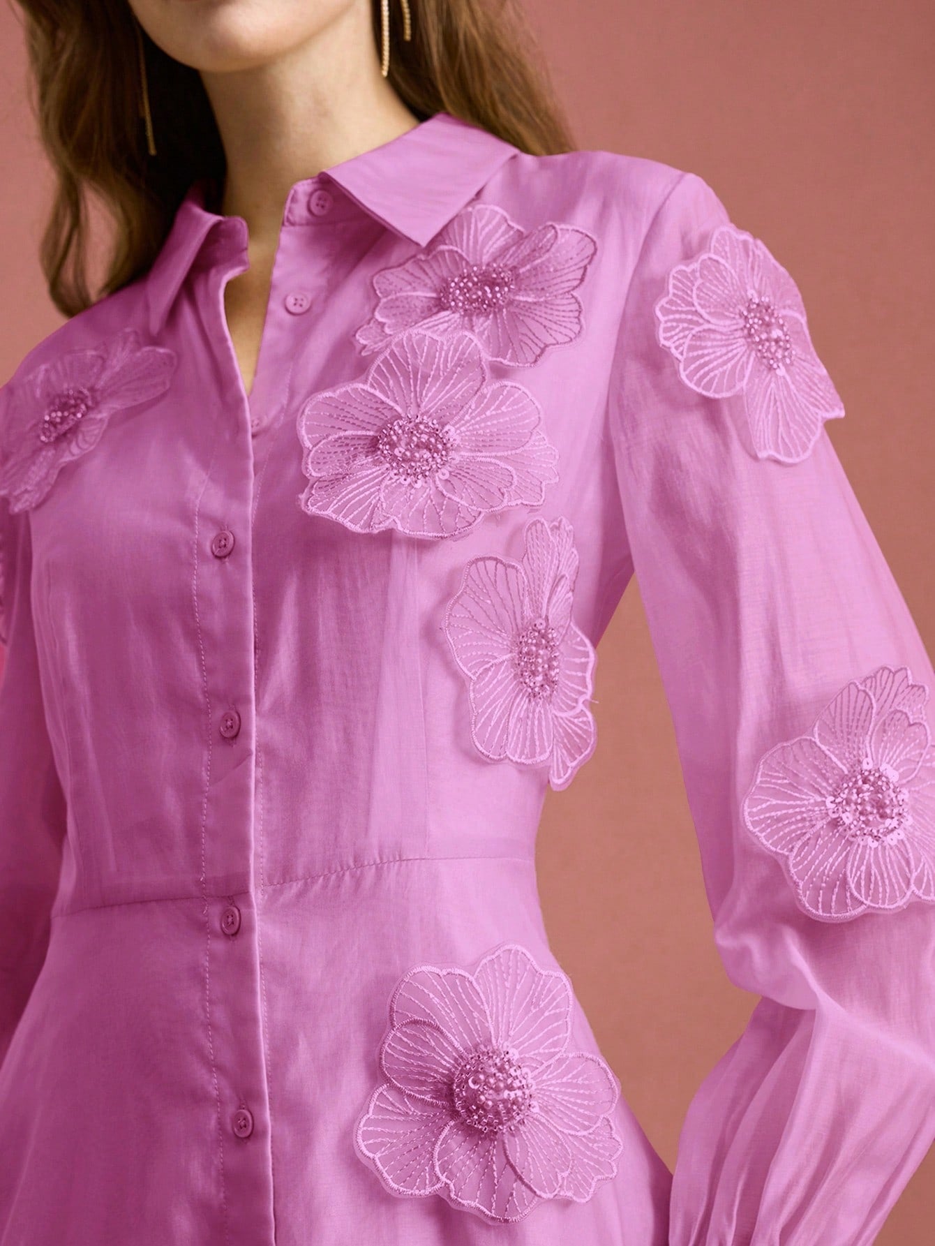 SUSANNA FLORAL APPLIQUE SHIRT MIDI DRESS PINK