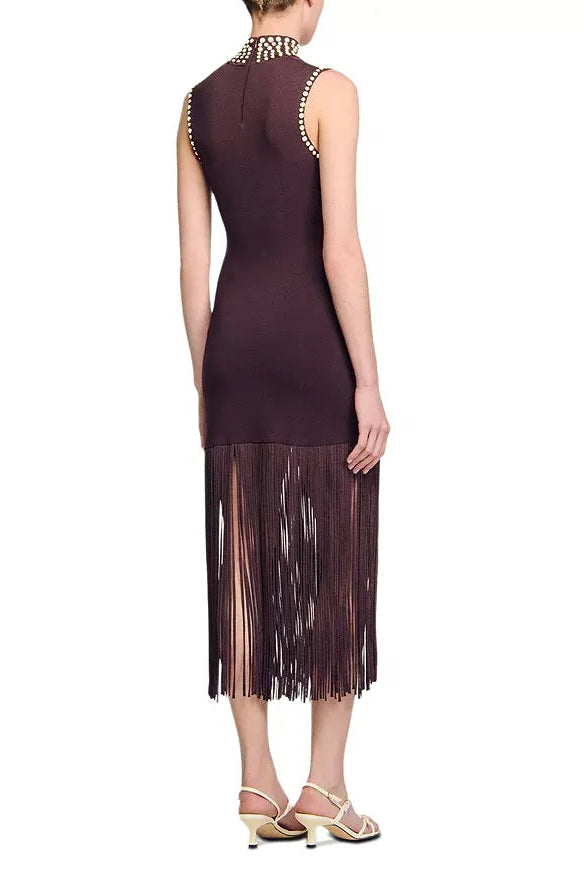 LARA BROWN FRINGE KNIT SLEEVELESS MIDI DRESS