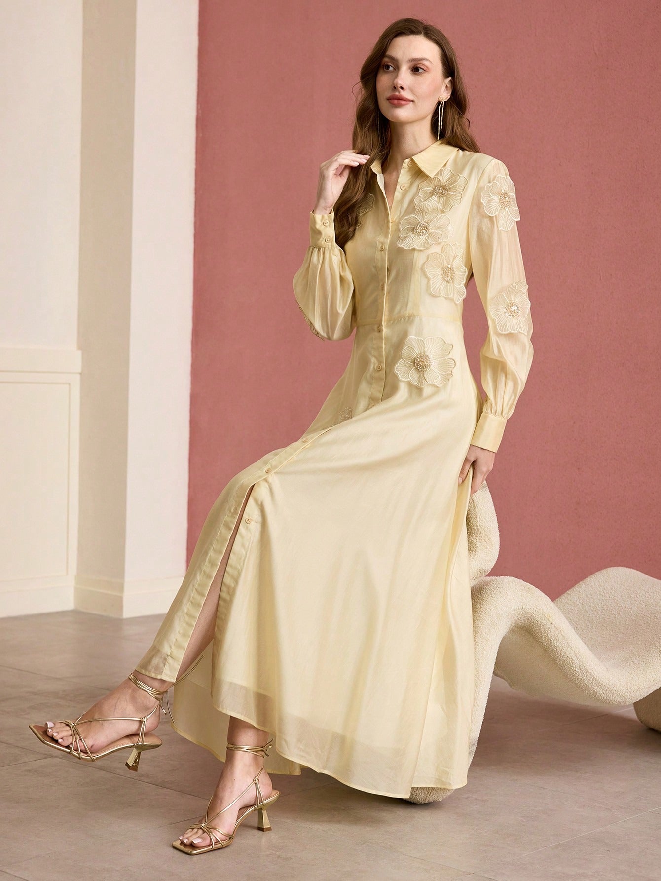 SUSANNA FLORAL APPLIQUE MIDI SHIRT DRESS YELLOW