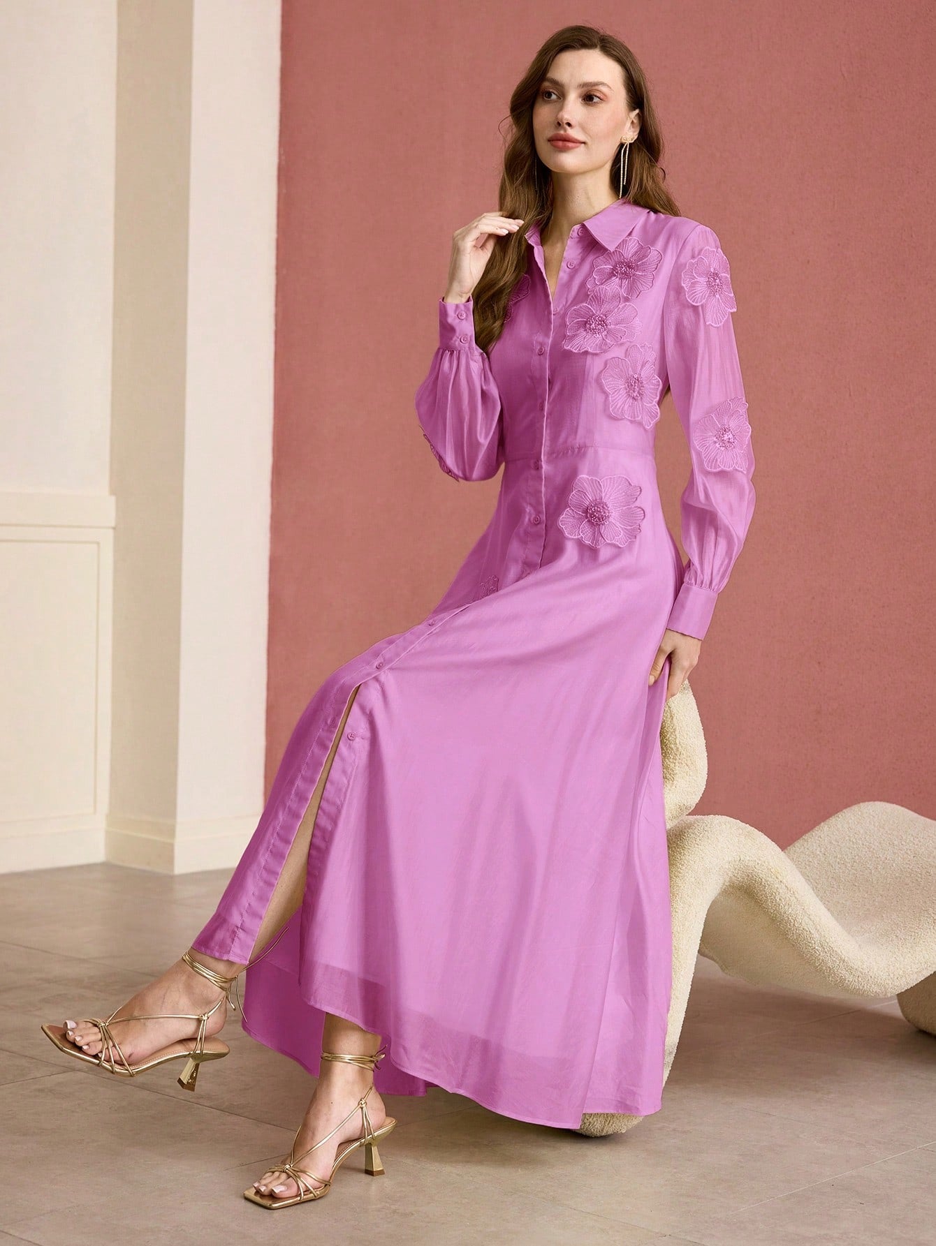 SUSANNA FLORAL APPLIQUE SHIRT MIDI DRESS PINK