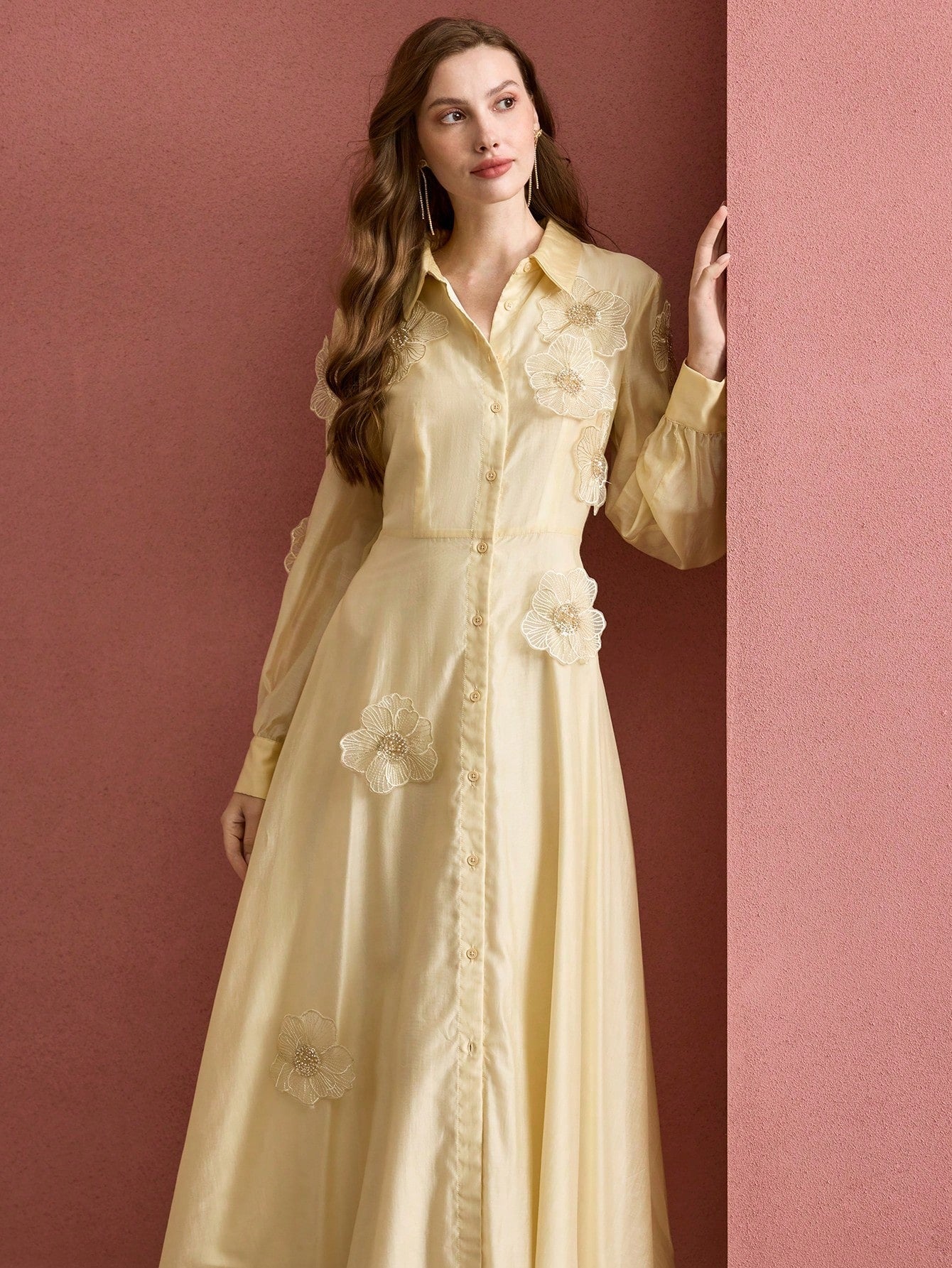 SUSANNA FLORAL APPLIQUE MIDI SHIRT DRESS YELLOW