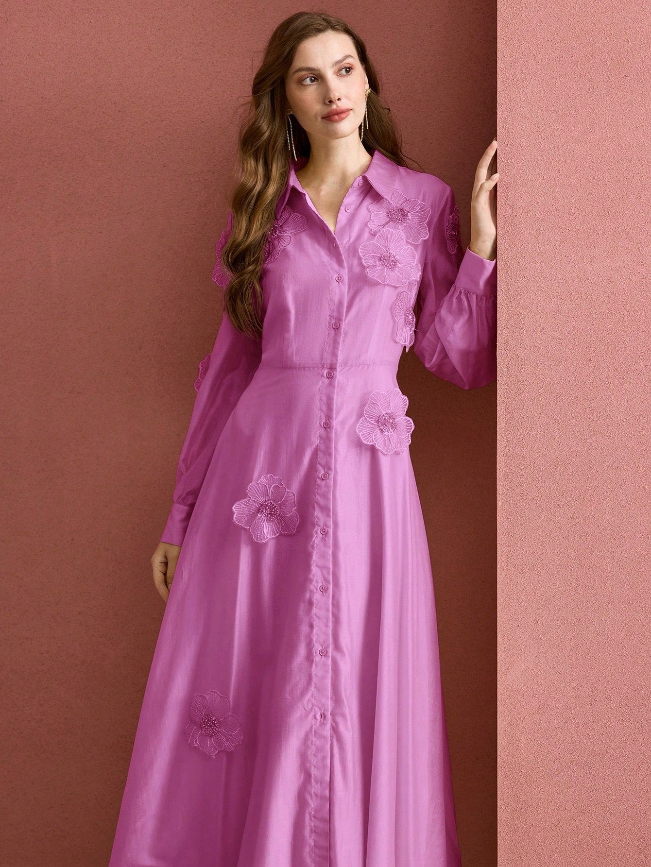 SUSANNA FLORAL APPLIQUE SHIRT MIDI DRESS PINK