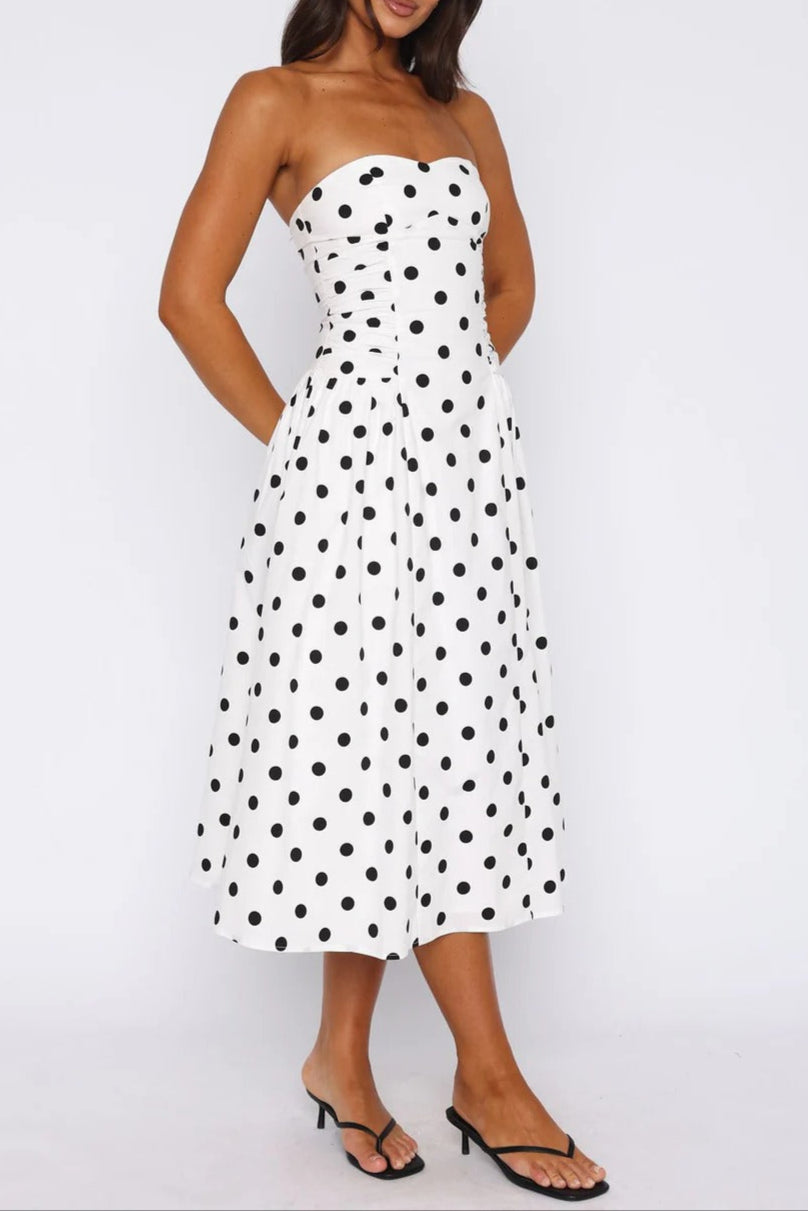 SANDRA POLKA DOT STRAPLESS MIDI WHITE SUMMER DRESS