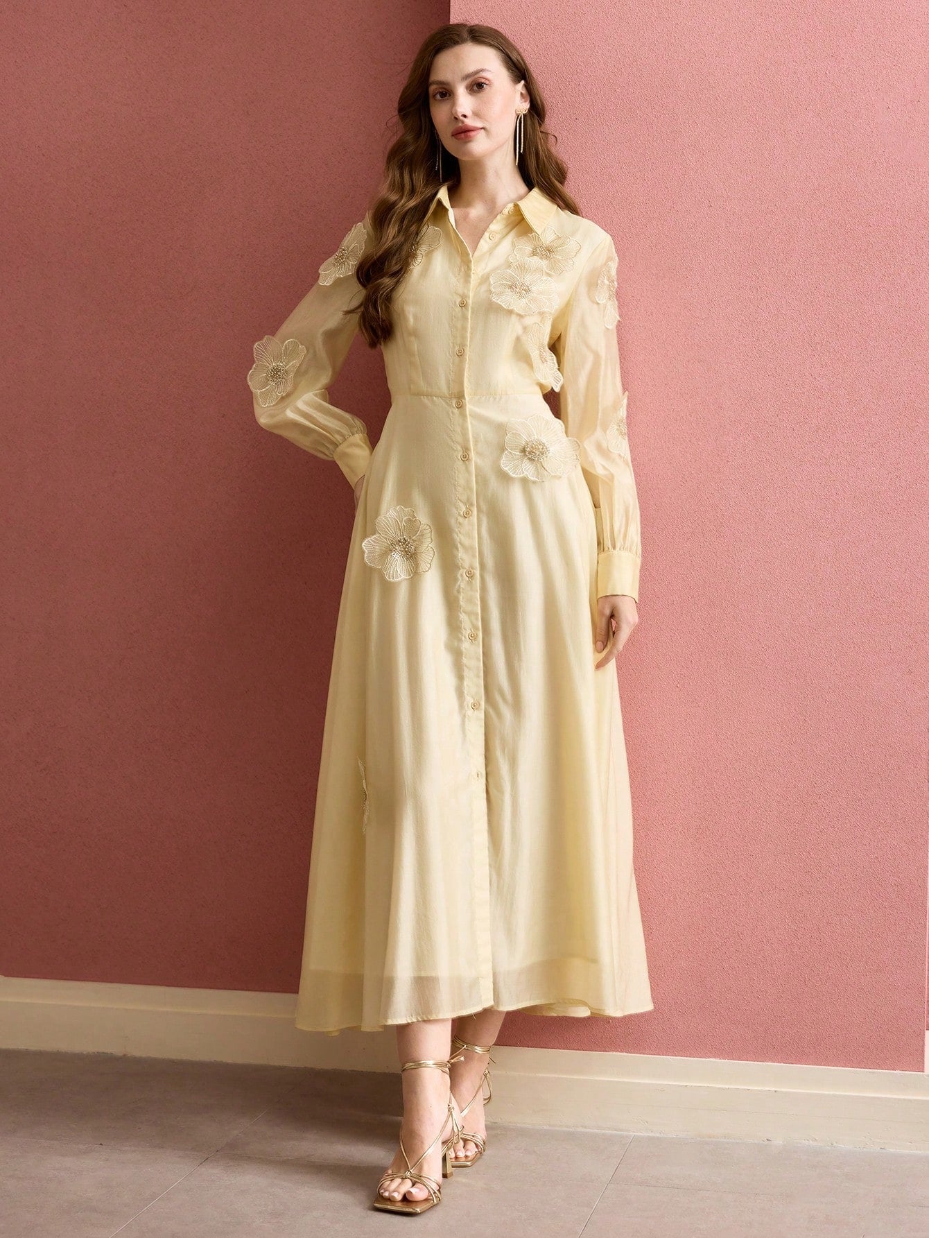 SUSANNA FLORAL APPLIQUE MIDI SHIRT DRESS YELLOW