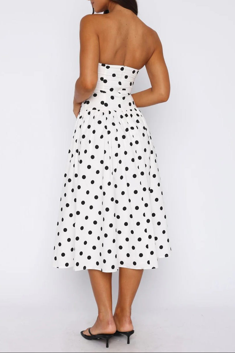SANDRA POLKA DOT STRAPLESS MIDI WHITE SUMMER DRESS