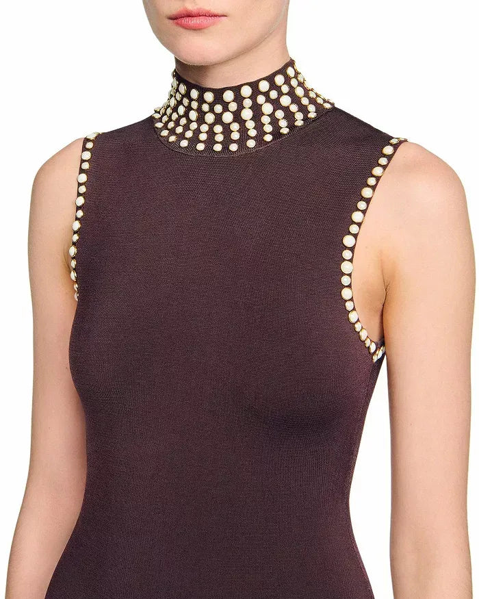 LARA BROWN FRINGE KNIT SLEEVELESS MIDI DRESS