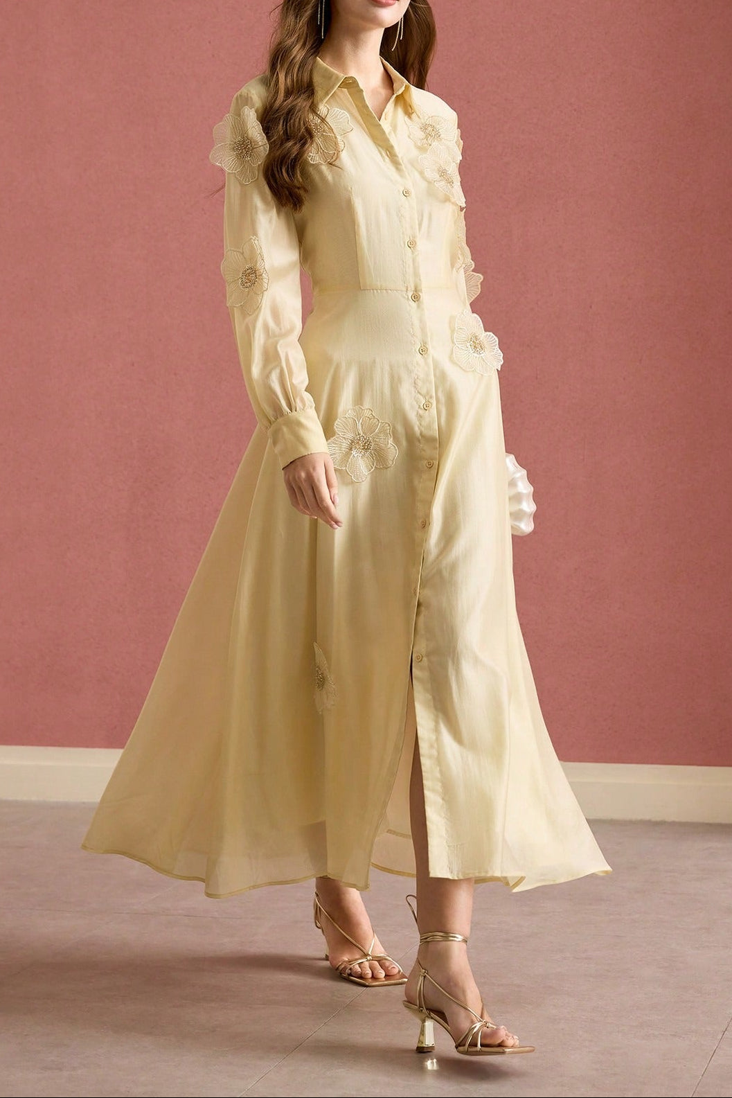 SUSANNA FLORAL APPLIQUE MIDI SHIRT DRESS YELLOW