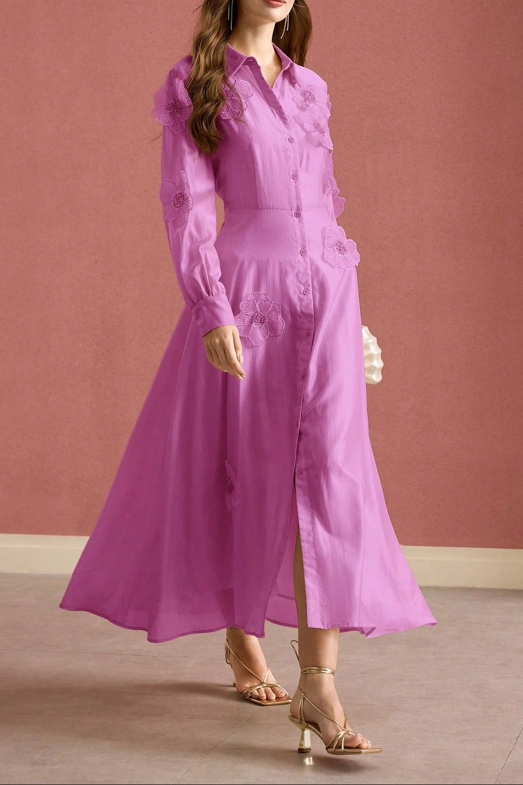 SUSANNA FLORAL APPLIQUE SHIRT MIDI DRESS PINK