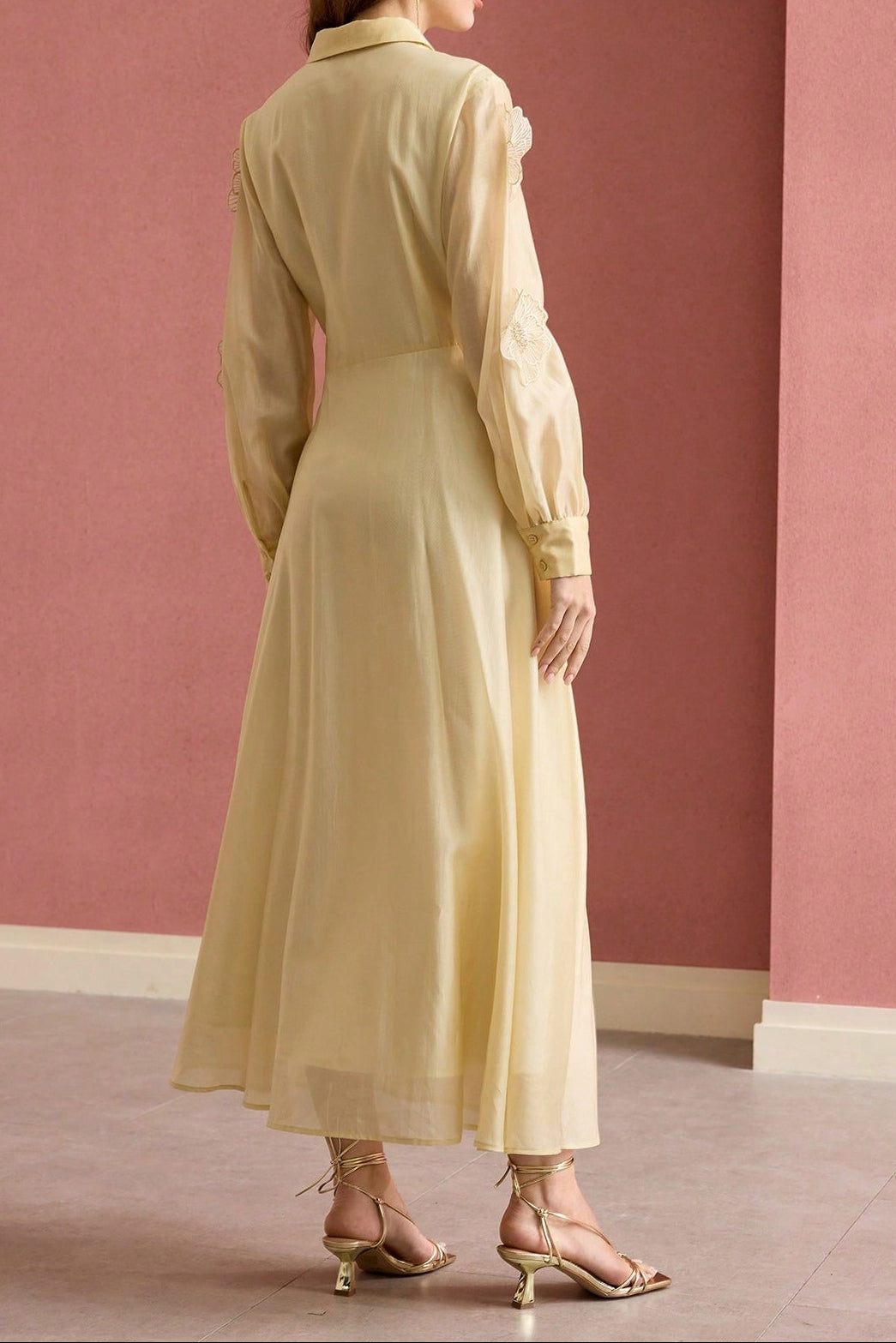 SUSANNA FLORAL APPLIQUE MIDI SHIRT DRESS YELLOW
