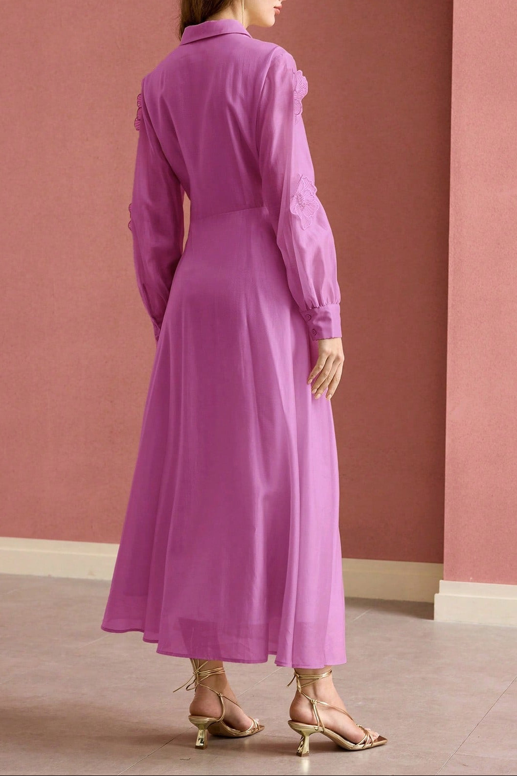 SUSANNA FLORAL APPLIQUE SHIRT MIDI DRESS PINK