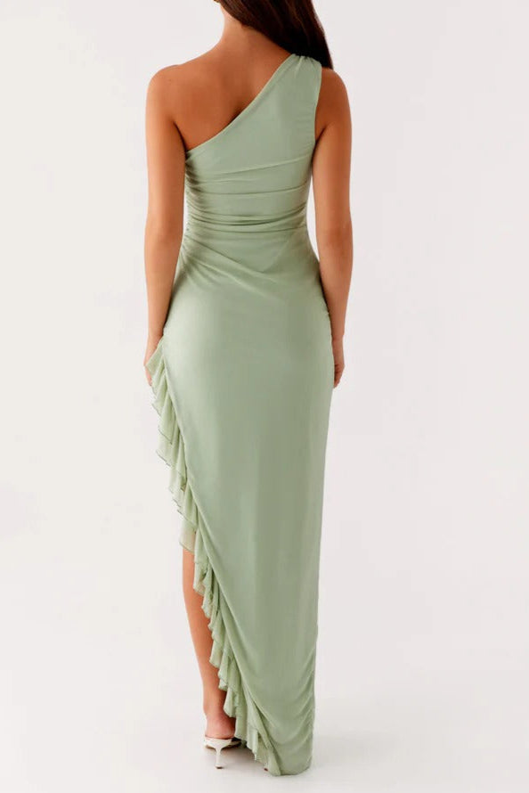 ONE-SHOULDER SAGE MAXI DRESS WITH RUFFLE SLIT