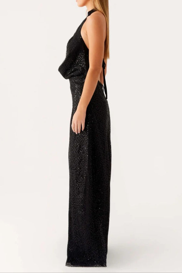 SEQUIN HALTER BACKLESS MAXI DRESS, BLACK PARTY GOWN