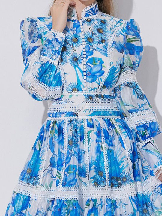SABRINA BLUE LACE-PANEL LANTERN SLEEVE MINI DRESS