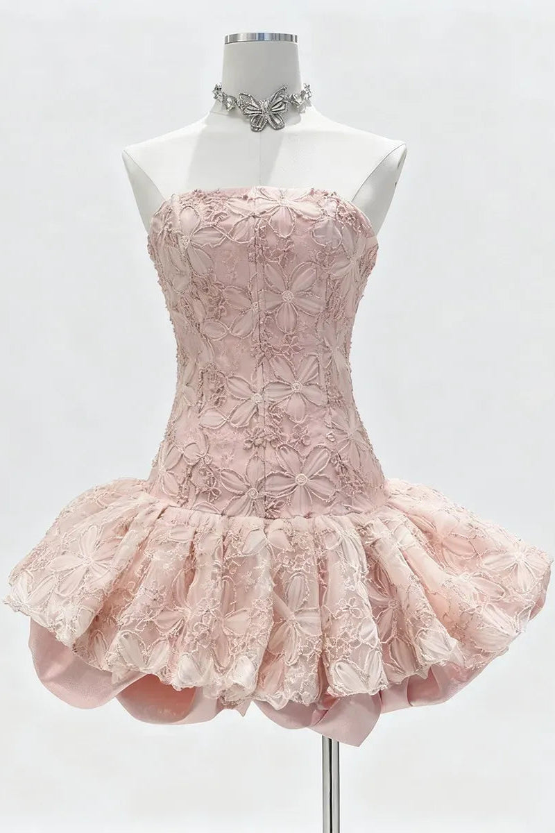 KATHERINE EMBROIDERED LACE RUFFLE MINI DRESS, PINK