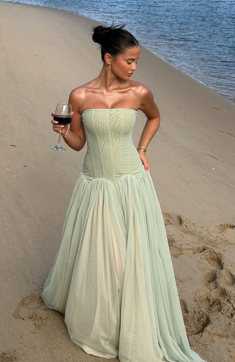 SABRINA GREEN TULLE STRAPLESS MAXI DRESS