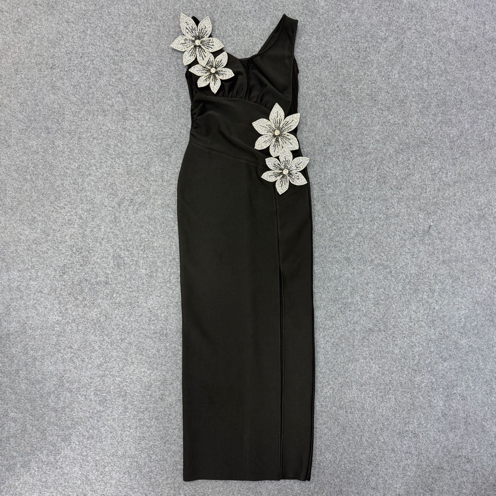 RITA BLACK RHINESTONE FLORAL BODYCON MAXI DRESS