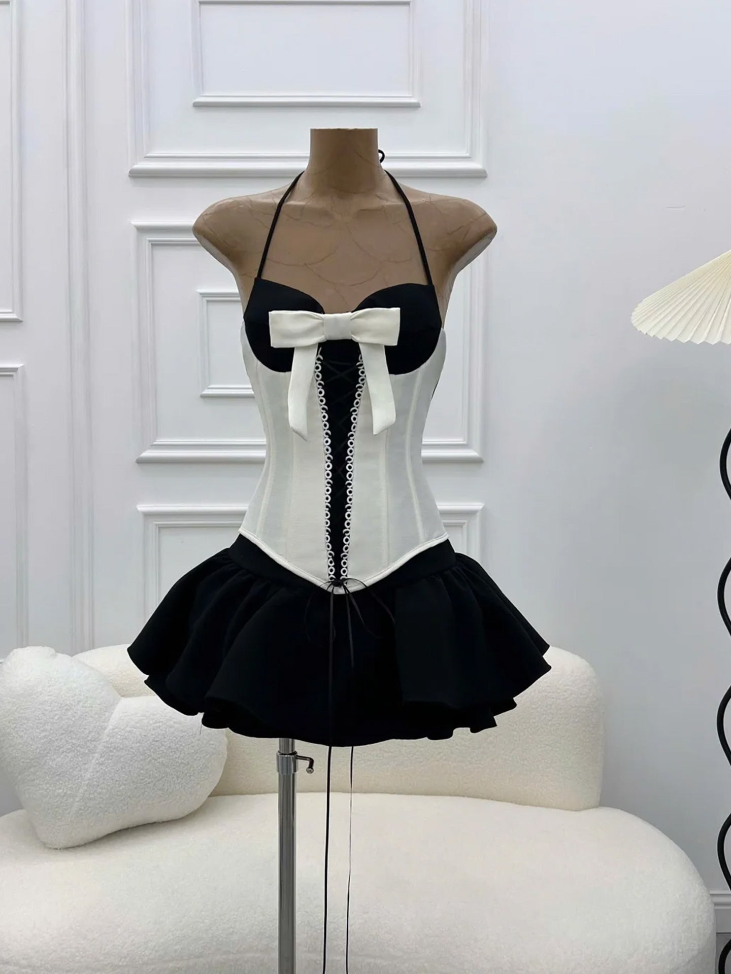 BLACK WHITE PATCHWORK MINI HALTER DRESS