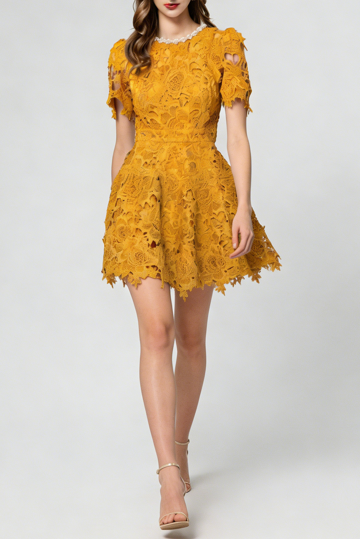 ORANGE BEADED CROCHET MINI DRESS, HOLLOW PARTY