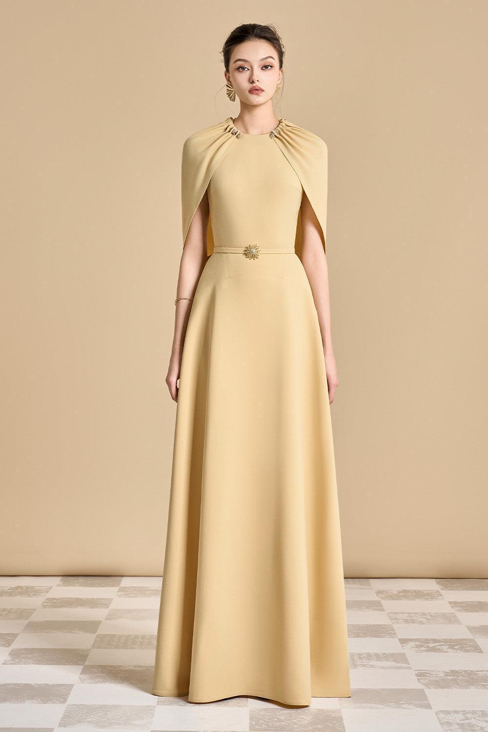 JASMINE A-LINE CAPE MAXI DRESS IN YELLOW BEIGE