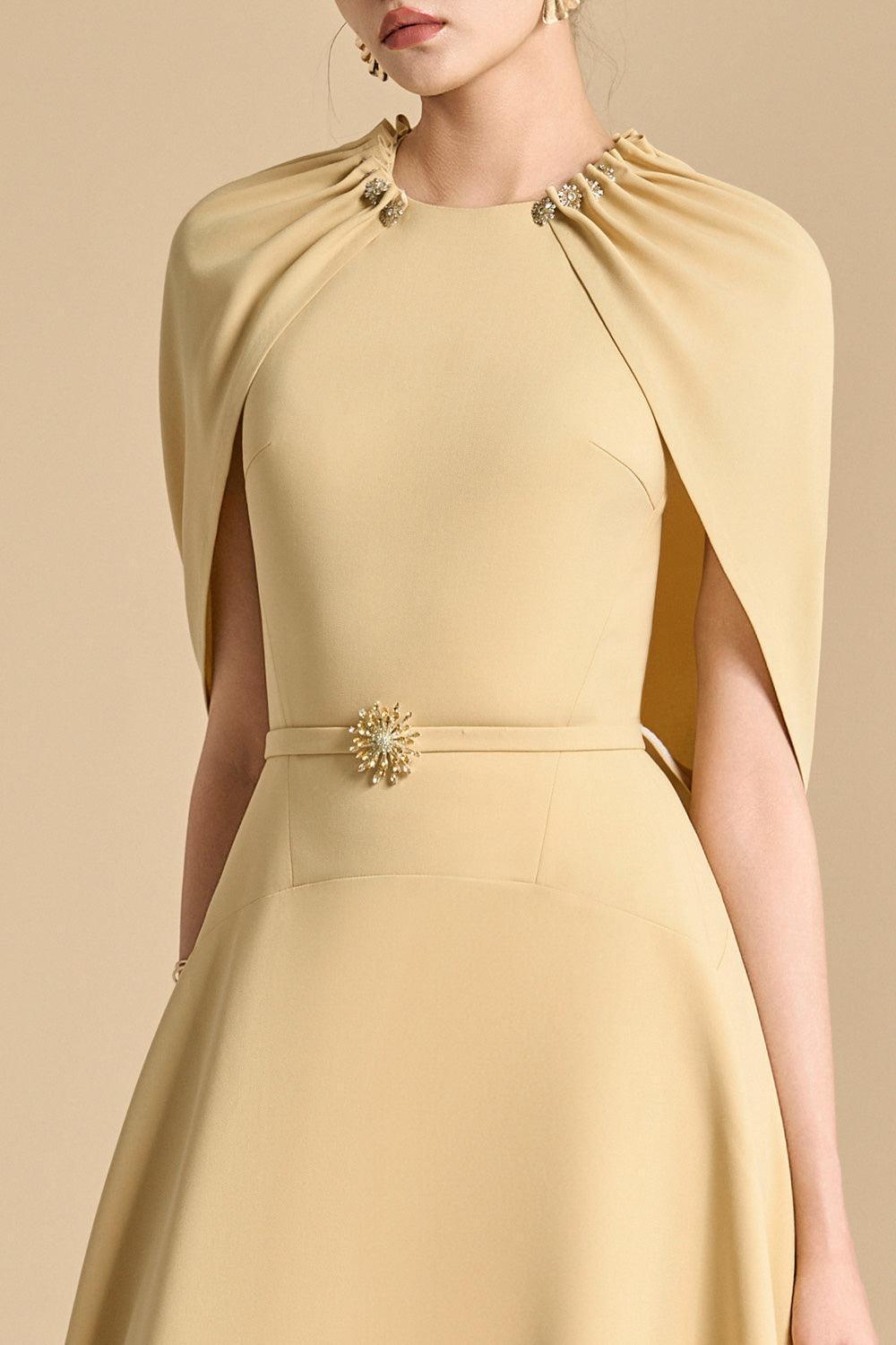 JASMINE A-LINE CAPE MAXI DRESS IN YELLOW BEIGE