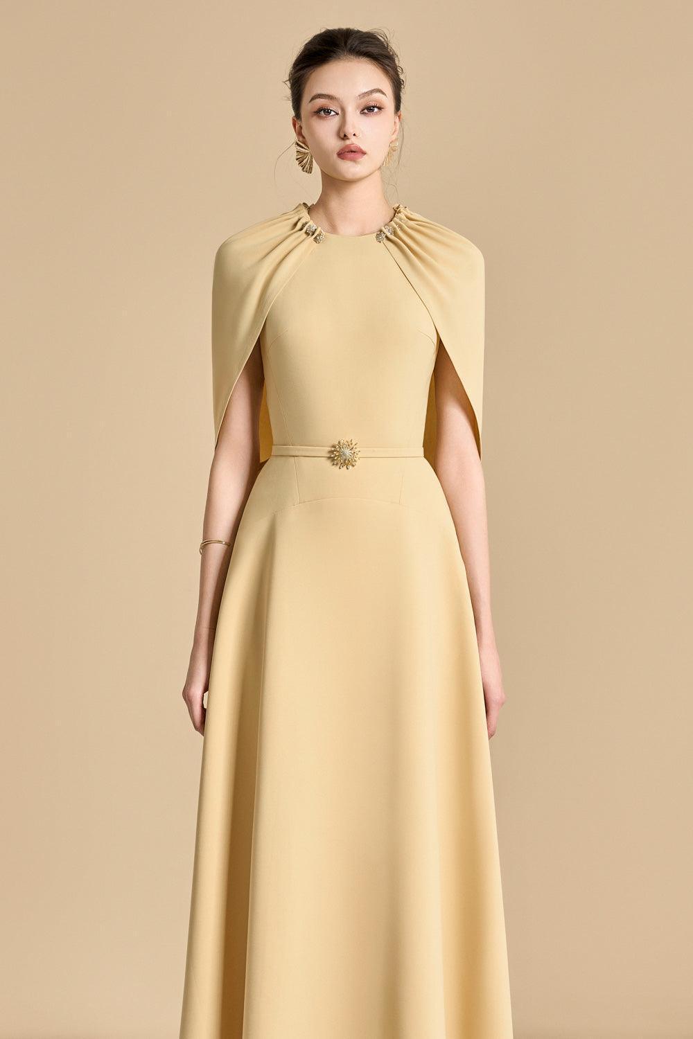 JASMINE A-LINE CAPE MAXI DRESS IN YELLOW BEIGE