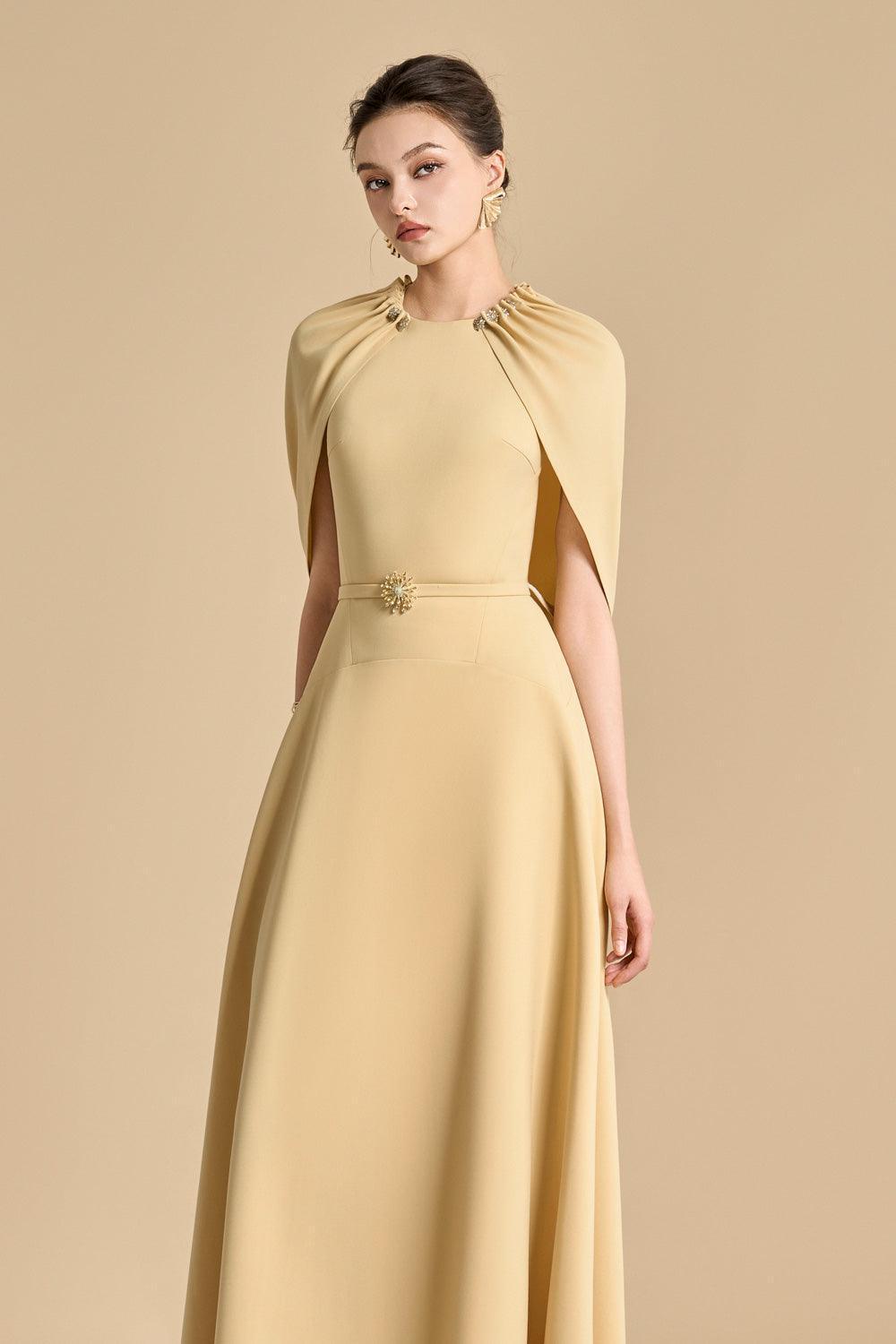 JASMINE A-LINE CAPE MAXI DRESS IN YELLOW BEIGE