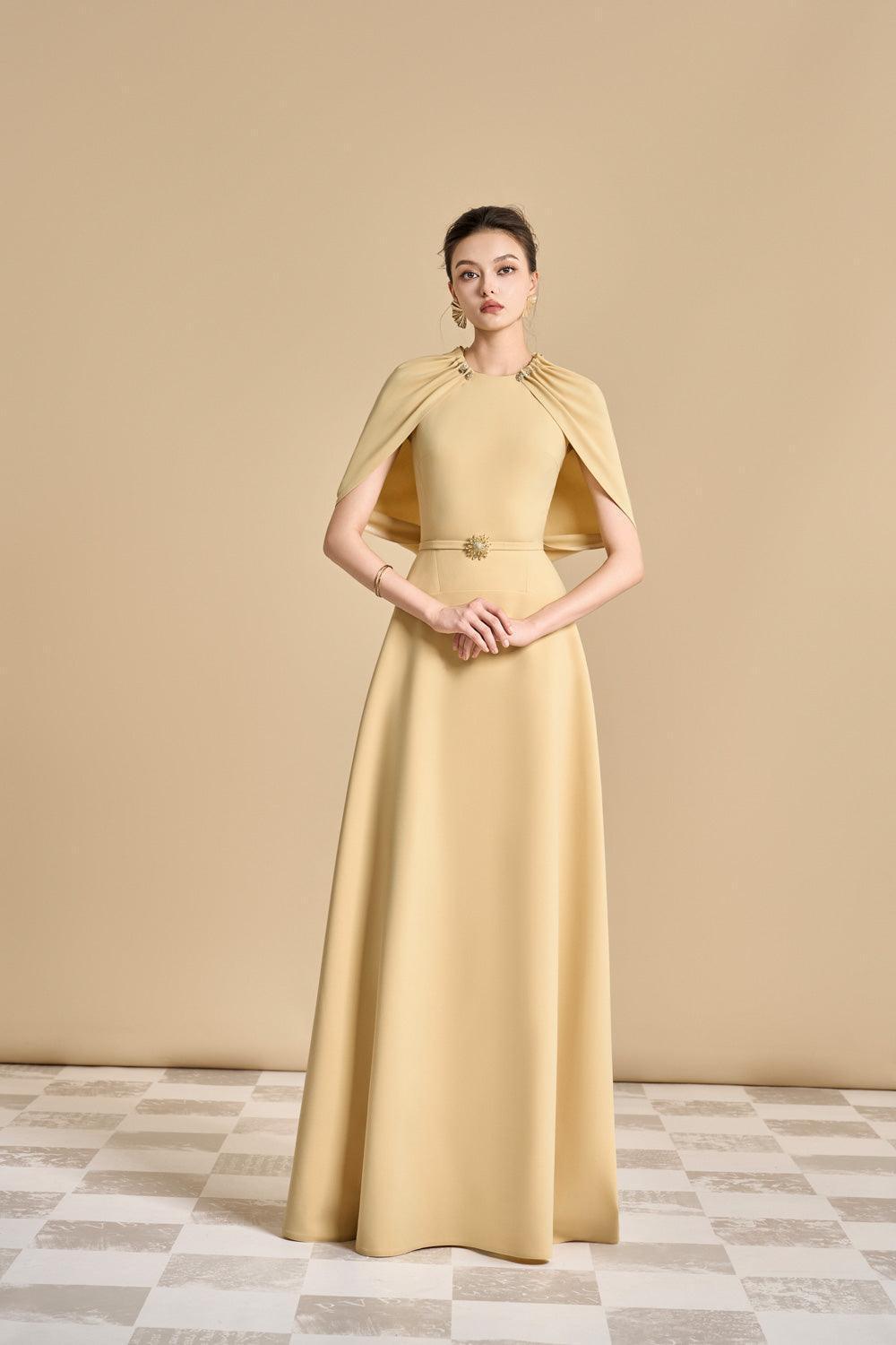 JASMINE A-LINE CAPE MAXI DRESS IN YELLOW BEIGE