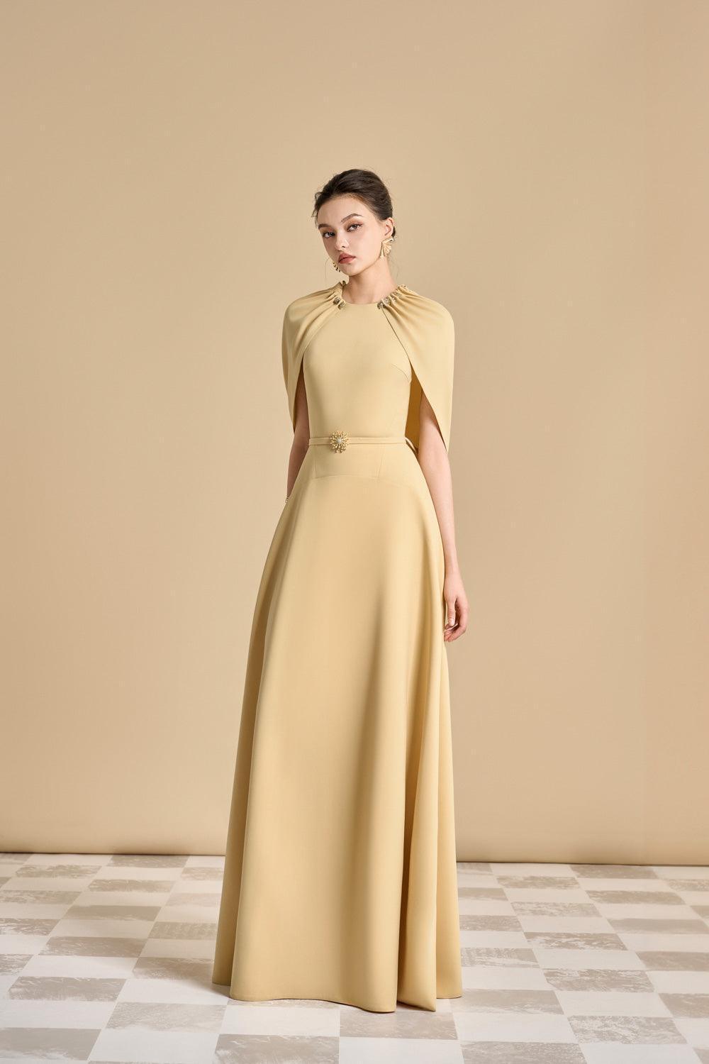 JASMINE A-LINE CAPE MAXI DRESS IN YELLOW BEIGE