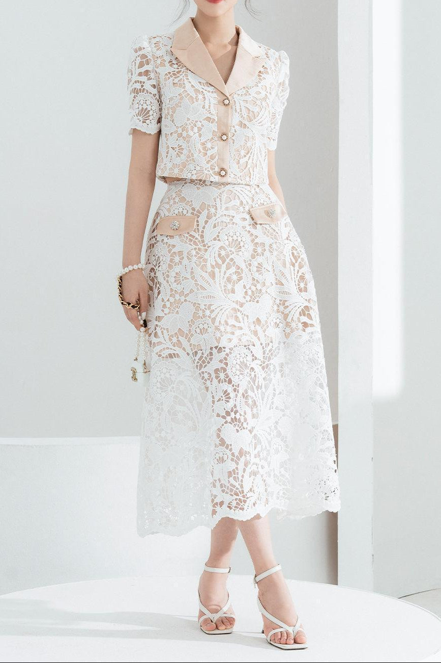 LEONA CROPPED PEAK LAPEL LACE SET - WHITE WEDDING SUIT