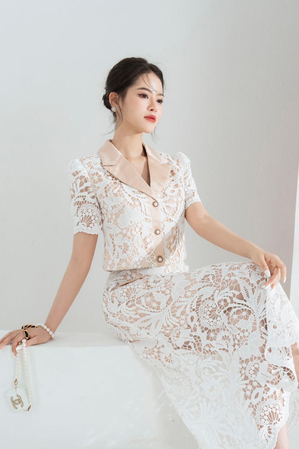 LEONA CROPPED PEAK LAPEL LACE SET - WHITE WEDDING SUIT
