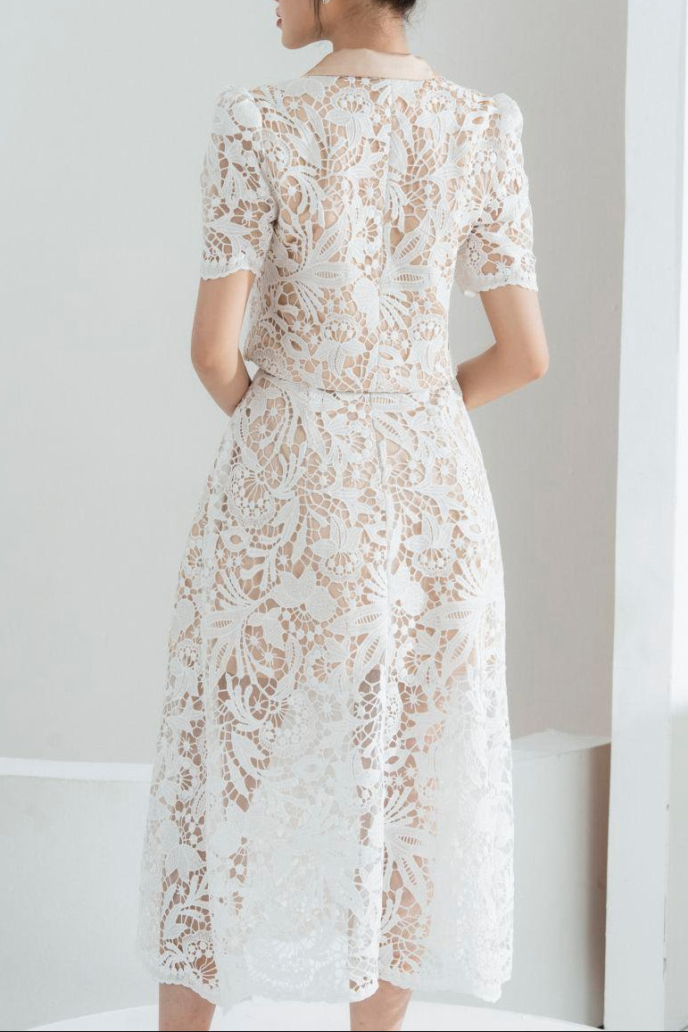 LEONA CROPPED PEAK LAPEL LACE SET - WHITE WEDDING SUIT