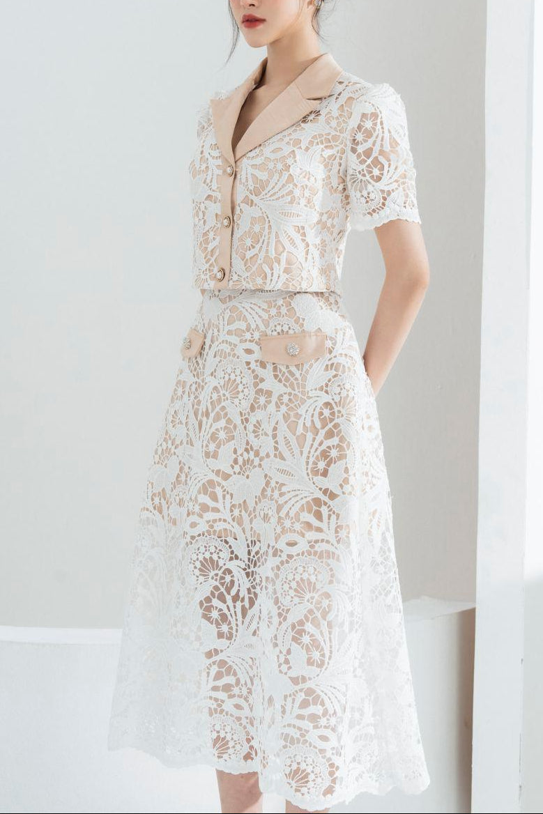LEONA CROPPED PEAK LAPEL LACE SET - WHITE WEDDING SUIT