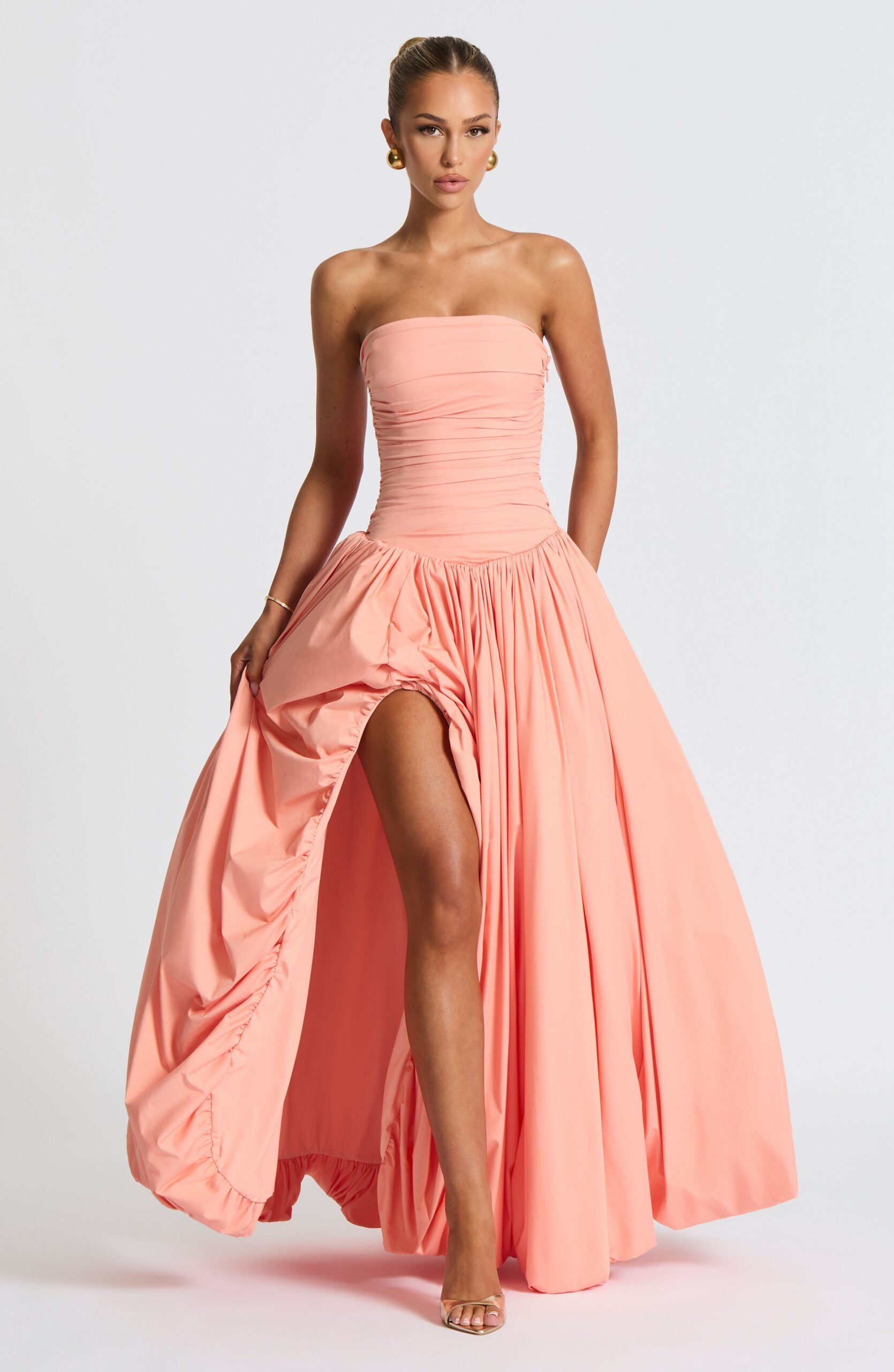 JILLIAN PEACH MAXI DRESS, ELEGANT SILHOUETTE