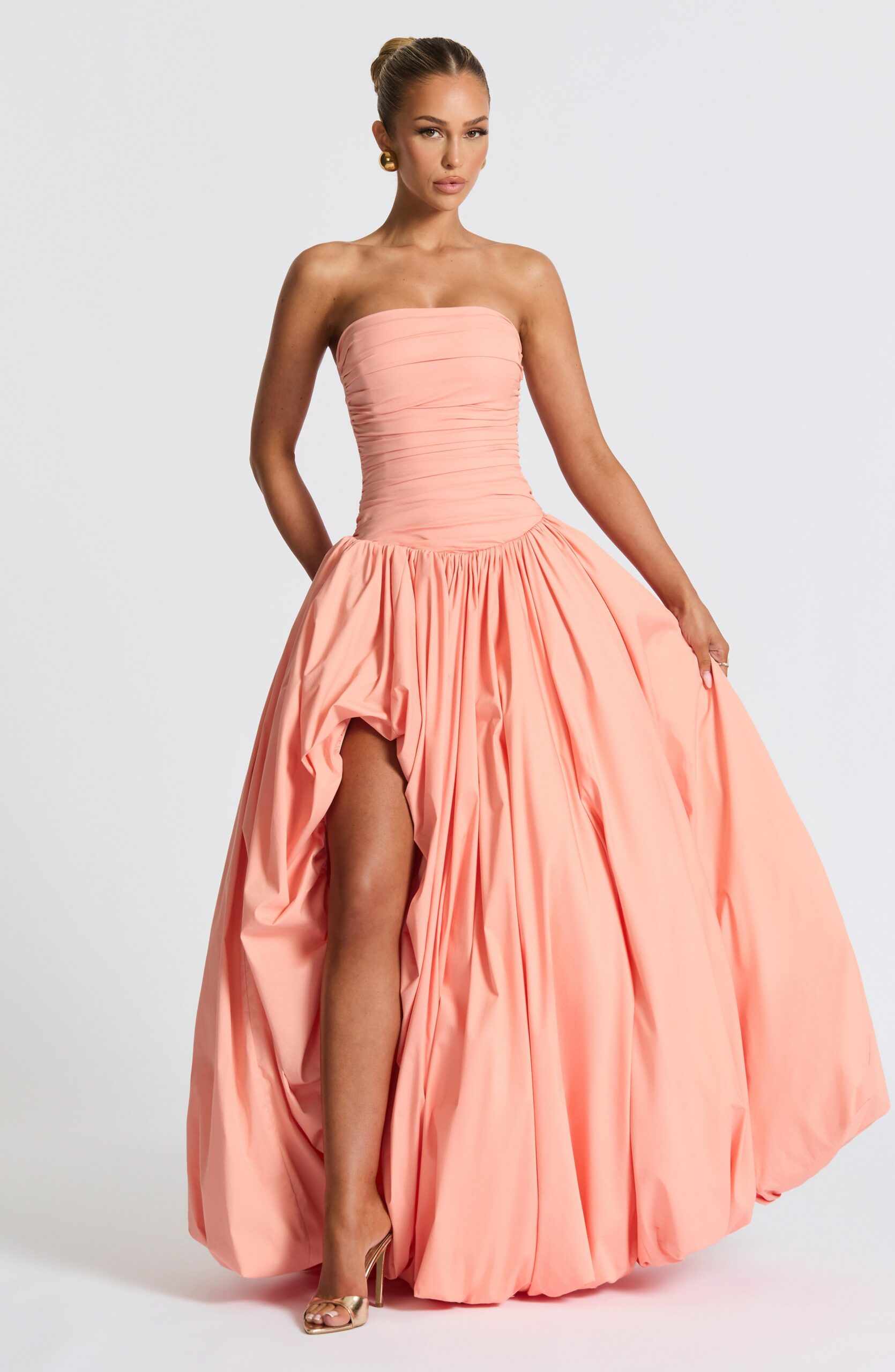 JILLIAN PEACH MAXI DRESS, ELEGANT SILHOUETTE