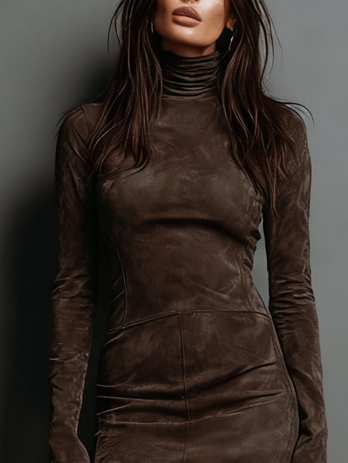 jimeng-2025-10-24-3800 VINTAGE SUEDE MINI DRESS TURTLENECK COCKTAIL