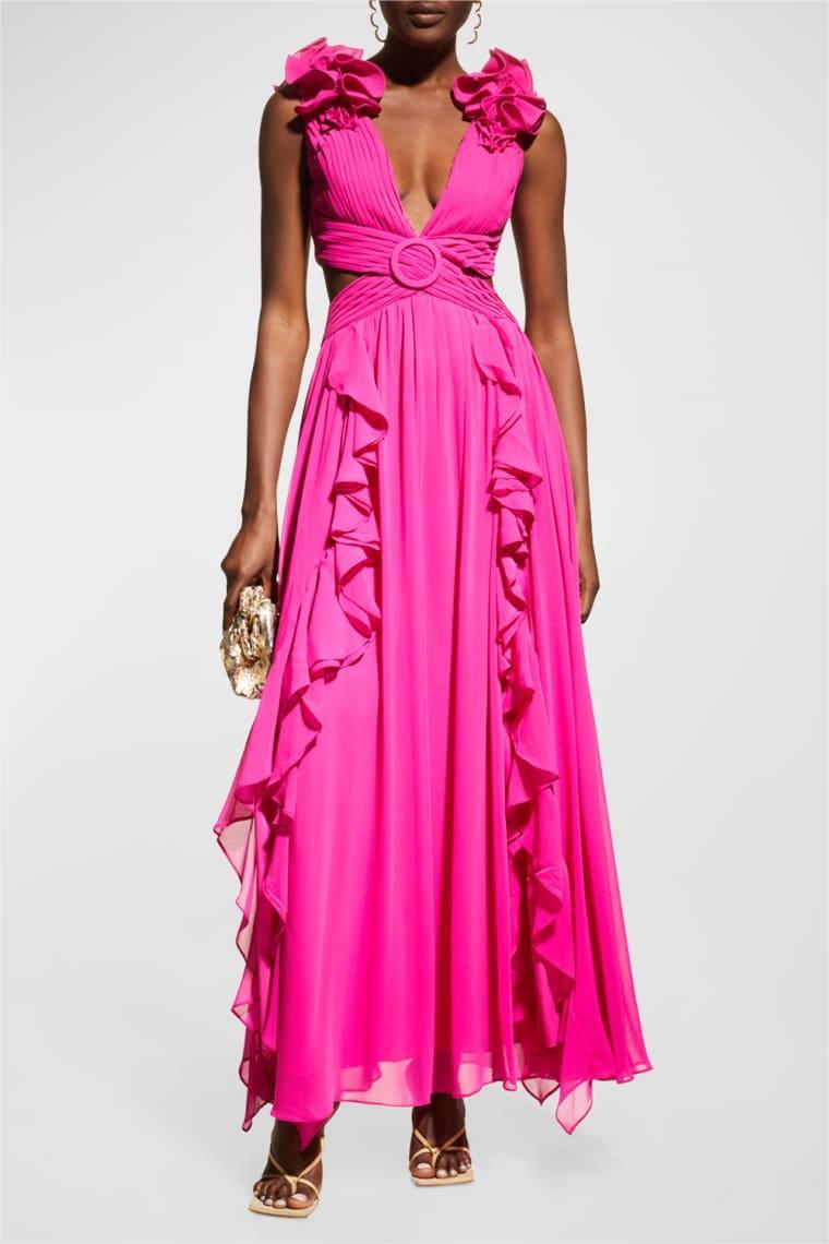 SLEEVELESS V-NECK LACE UP RUFFLE MAXI DRESS