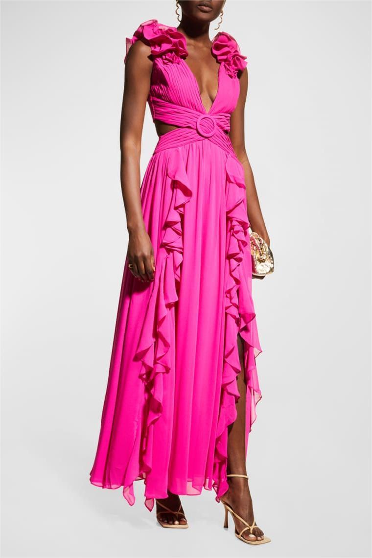 SLEEVELESS V-NECK LACE UP RUFFLE MAXI DRESS